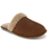 A brown slipper with a soft, plush interior lining and a cozy, fluffy trim, designed for comfort and warmth.