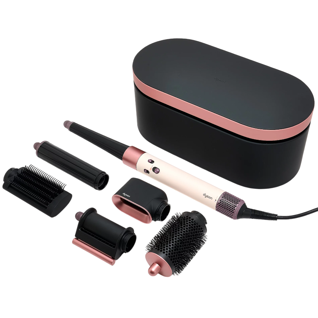 Dyson hair styling tool set includes a main device and multiple attachments for curling, smoothing, and volumizing. The set comes in a black and rose gold design with a storage case.