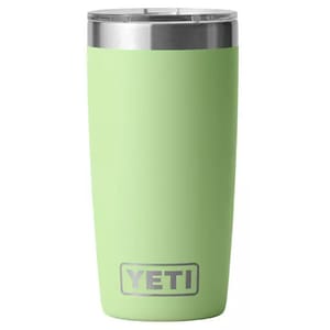 A light green YETI tumbler with a stainless steel lid.