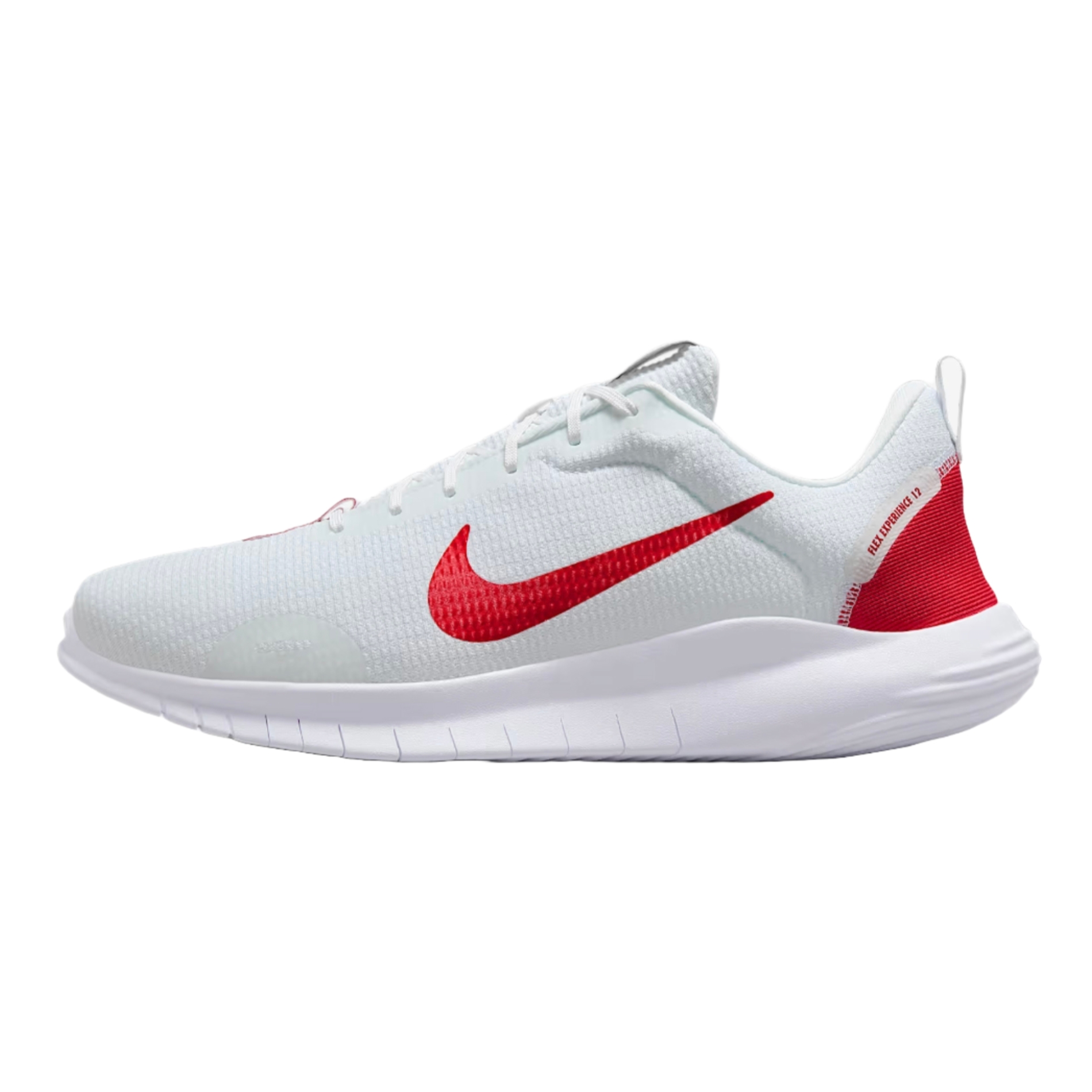 A white athletic sneaker with a red Nike swoosh and red accents on the heel, featuring a lightweight mesh upper and a cushioned white sole.