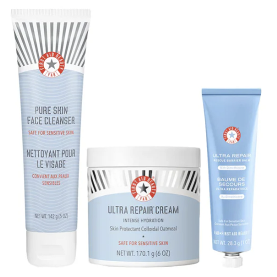 Three skincare items: Pure Skin Face Cleanser (142g), Ultra Repair Cream (170.1g), and Ultra Repair Barrier Balm (28.3g) from a brand featuring a red star emblem. Suitable for sensitive skin.
