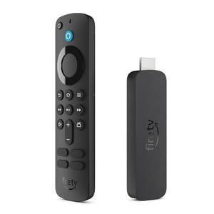 A black Amazon Fire TV Stick 4K with an HDMI connector is shown alongside its remote control, which has buttons for navigation, volume, and voice control.