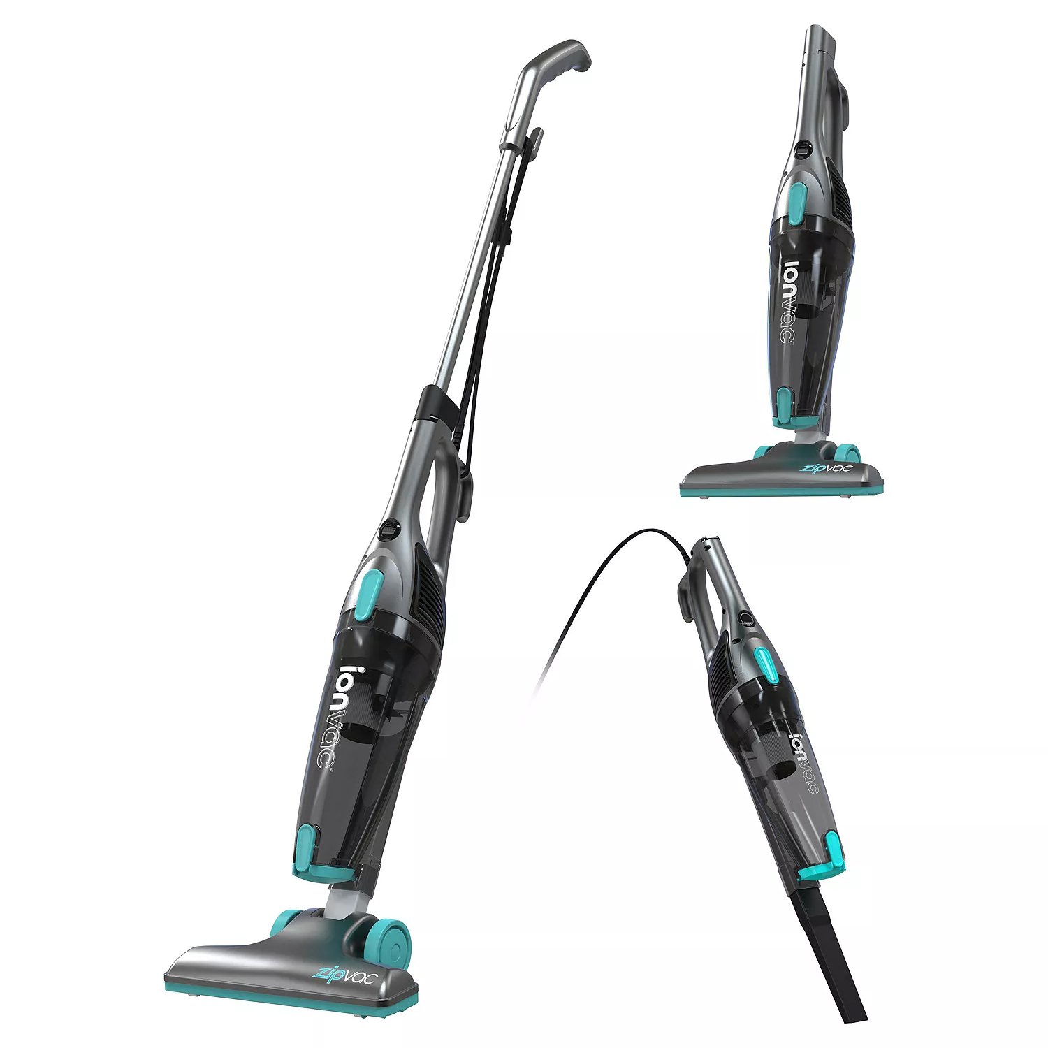 A gray and turquoise stick vacuum cleaner with a detachable hand vacuum feature, shown from multiple angles.