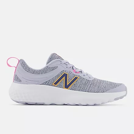 Gray running shoe with a pink loop on the heel and a prominent 'N' logo on the side.