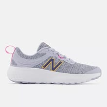 Gray running shoe with a pink loop on the heel and a prominent 'N' logo on the side.