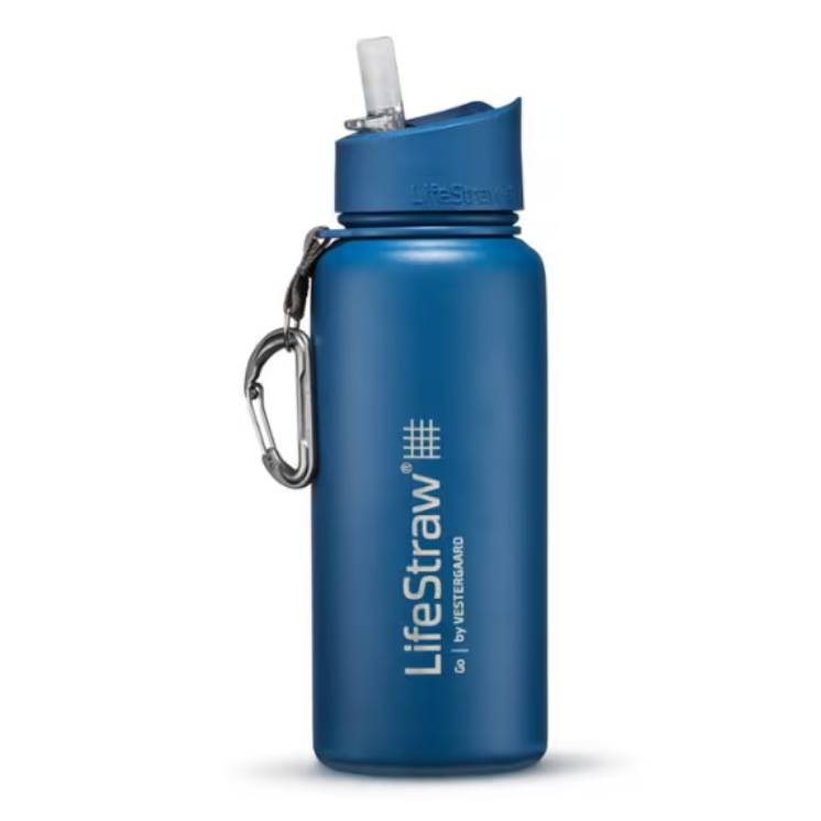 Blue LifeStraw Go water bottle with an integrated filter and flip-top straw, featuring a carabiner attached to the lid for easy carrying.