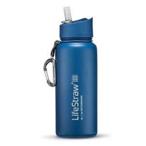 Blue LifeStraw Go water bottle with an integrated filter and flip-top straw, featuring a carabiner attached to the lid for easy carrying.