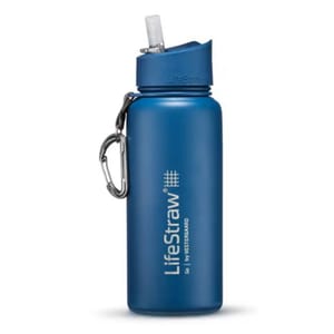 Blue LifeStraw Go water bottle with an integrated filter and flip-top straw, featuring a carabiner attached to the lid for easy carrying.