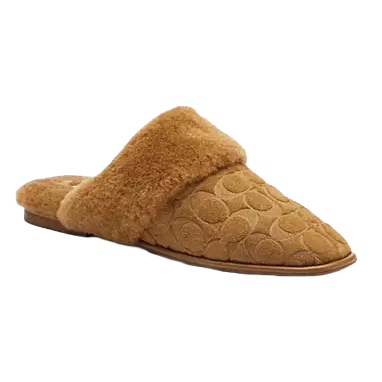 A tan slip-on mule slipper with a plush fur lining and a textured pattern on the upper material.