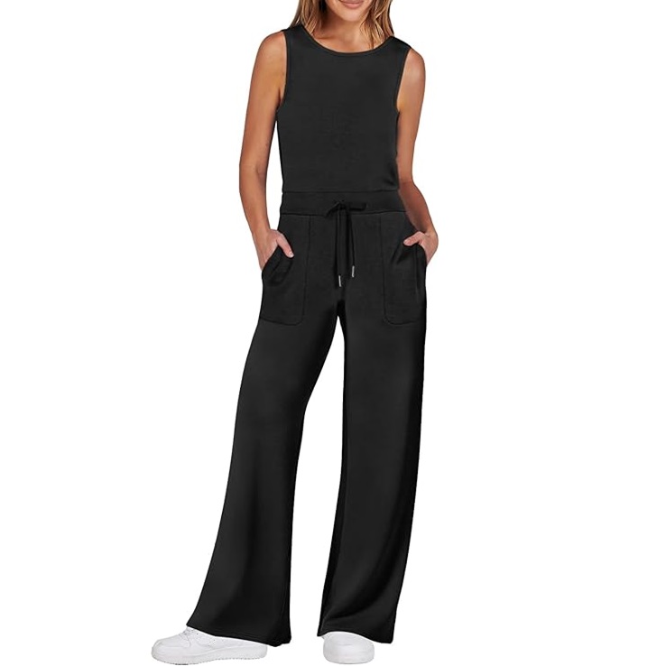Black sleeveless jumpsuit with wide-leg pants and a drawstring waist.