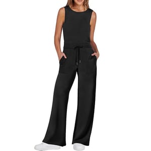 Black sleeveless jumpsuit with wide-leg pants and a drawstring waist.