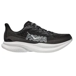 A black Hoka running shoe with a white cushioned sole, featuring the brand's logo prominently on the side.