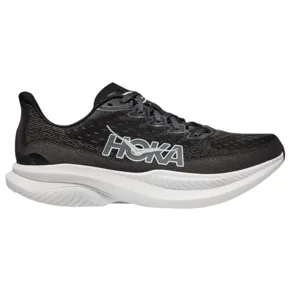 A black Hoka running shoe with a white cushioned sole, featuring the brand's logo prominently on the side.