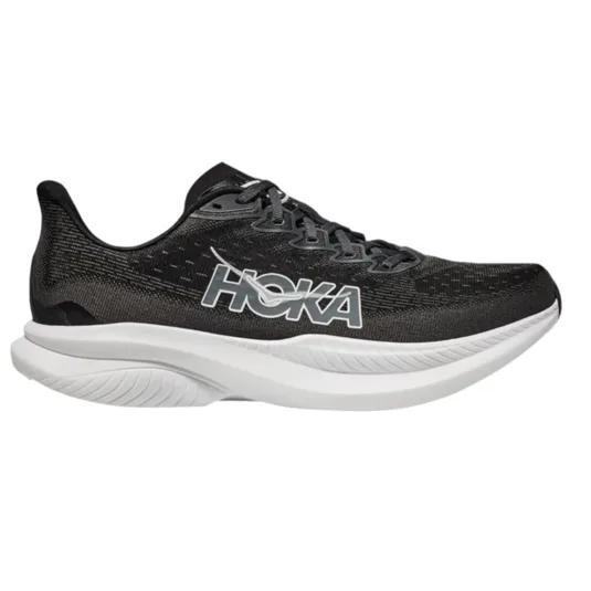 A black Hoka running shoe with a white cushioned sole, featuring the brand's logo prominently on the side.
