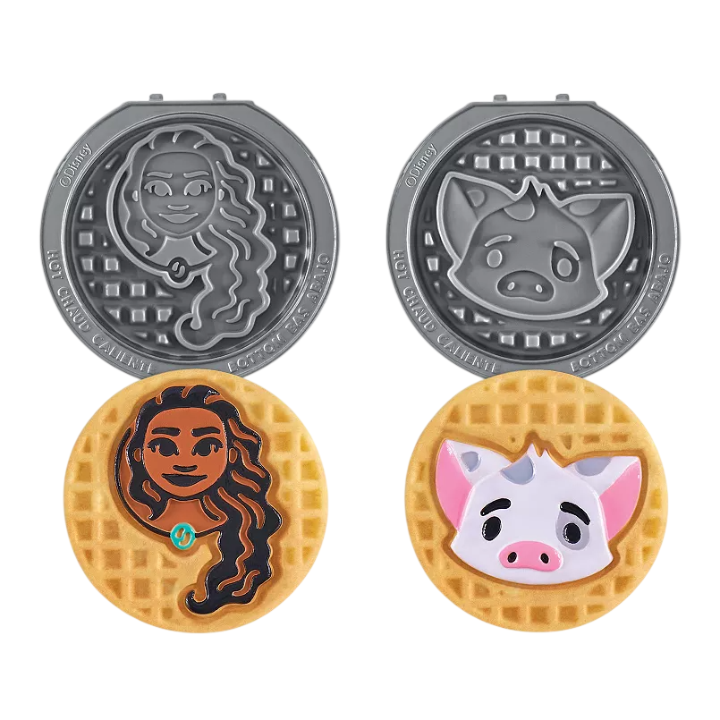 Waffle makers with plates featuring designs of an animated character and a pig, with corresponding cooked waffle impressions below.