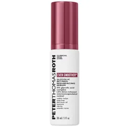 Peter Thomas Roth Even Smoother Glycolic Retinol Resurfacing Serum, featuring a 15% glycolic acid complex and 1.5% time-released microencapsulated retinol, helps improve texture, clarity, and uneven tone. 30 ml / 1 fl oz.