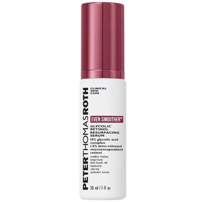 Peter Thomas Roth Even Smoother Glycolic Retinol Resurfacing Serum, featuring a 15% glycolic acid complex and 1.5% time-released microencapsulated retinol, helps improve texture, clarity, and uneven tone. 30 ml / 1 fl oz.