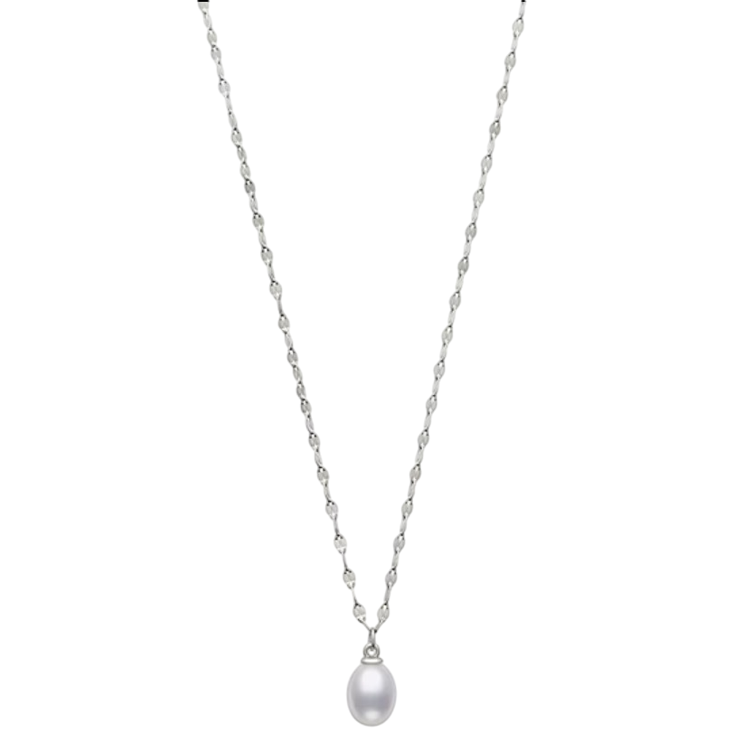 Silver chain necklace with a single white pearl pendant.