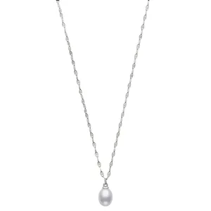 Silver chain necklace with a single white pearl pendant.