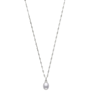 Silver chain necklace with a single white pearl pendant.