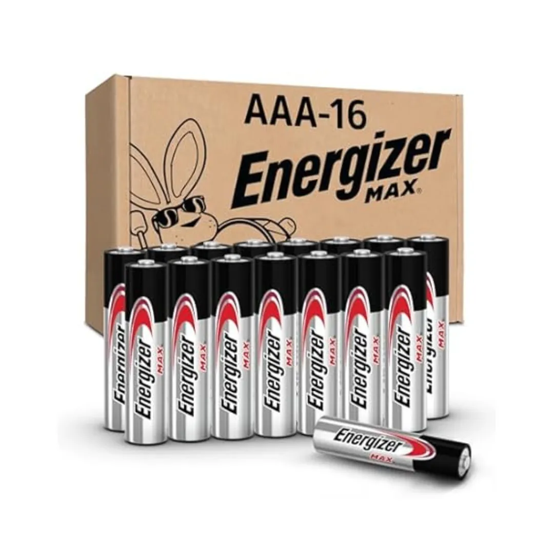 16-pack of AAA Energizer Max alkaline batteries with a cardboard box featuring the Energizer mascot.