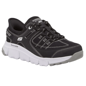 A black Skechers athletic shoe with white accents and laces, featuring a thick white and gray sole.