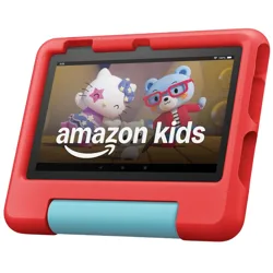 Amazon Kids tablet with a robust red case featuring cartoon characters on the screen, designed for child-friendly use and durability.