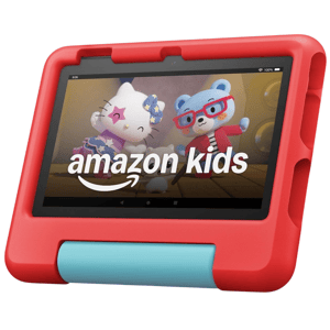 Amazon Kids tablet with a robust red case featuring cartoon characters on the screen, designed for child-friendly use and durability.