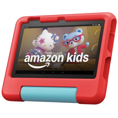 Amazon Kids tablet with a robust red case featuring cartoon characters on the screen, designed for child-friendly use and durability.