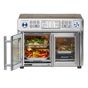 Dual-door toaster oven with 12 programs including air fry, roast, bake, pizza, grill, and dehydrate. Features digital controls and multiple cooking racks with LED display for temperature and time settings.