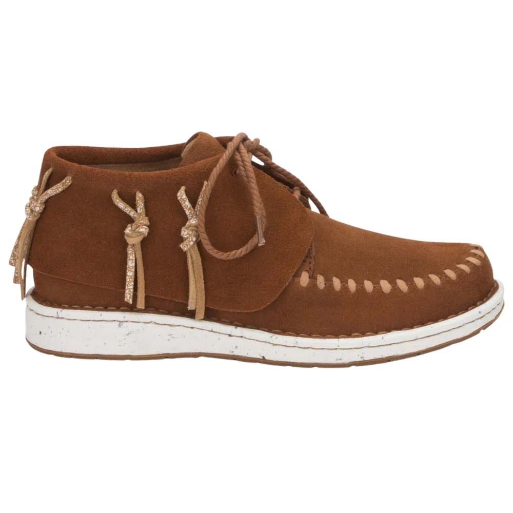 Brown suede moc toe shoe with a white speckled sole, featuring decorative stitching and tassels.