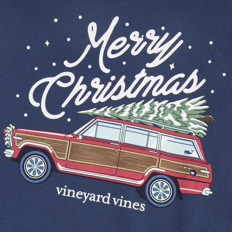 A \“Merry Christmas\“ design features a red vintage station wagon with wood paneling carrying a Christmas tree on top, against a navy background with \“vineyard vines\“ at the bottom.