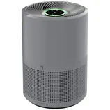 Gray cylindrical air purifier with a mesh base, top fan vent, and control panel with green light ring labeled \“Purify 9.\“