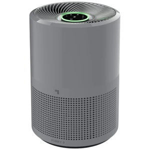 Gray cylindrical air purifier with a mesh base, top fan vent, and control panel with green light ring labeled \“Purify 9.\“