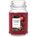 Yankee Candle jar with \“Red Apple Wreath\“ fragrance, featuring a holiday-themed label with an apple, cinnamon sticks, pine cones, and berries.