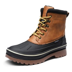 Men's snow boots feature a brown leather upper, black rubber sole, and a waterproof design. They have yellow laces, metal eyelets, and a padded black lining for added warmth and comfort.