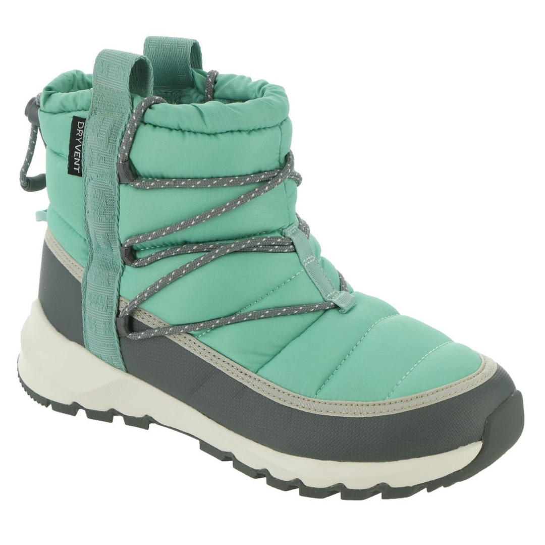 A teal and gray insulated winter boot with a rugged sole, featuring a DryVent tag and drawstring laces for weather resistance.