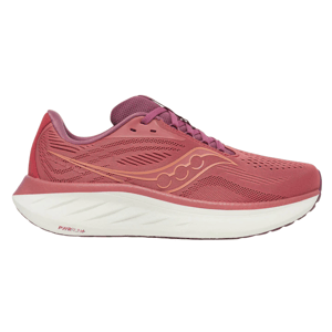 A maroon and pink athletic shoe with a thick, white cushioned sole featuring the Saucony logo and PWRRUN+ cushioning.