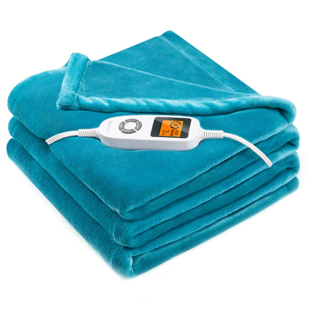 A teal heated blanket, measuring 72\“ x 84\“, with a soft texture, and an electronic control device featuring an LCD screen for temperature adjustment.