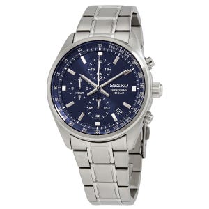 Seiko Men's Chronograph Watch features a stainless steel bracelet, a blue dial with silver-tone hands, three subdials, a date window, and tachymeter markings on the bezel. It's water-resistant up to 10 bar.