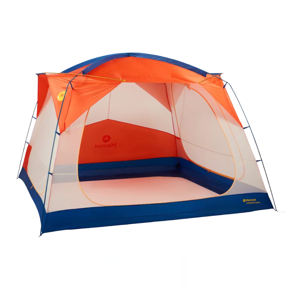 An orange and blue freestanding camping tent with mesh sides and roof for ventilation, featuring a simple pole design.