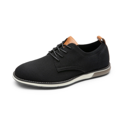 Men's knitted Oxfords in black with a breathable texture, featuring a tan accent on the tongue and heel pull-tab, round toe, lace-up closure, white midsole, and a dark outsole.