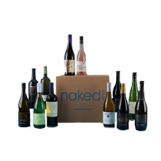 A selection of various wine bottles displayed in front of a cardboard box with the word \“naked\“ on it.