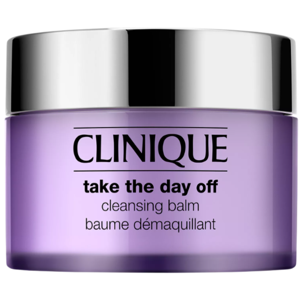 Clinique Take The Day Off Cleansing Balm, a makeup remover in a purple jar with a silver lid, labeled in English and French.