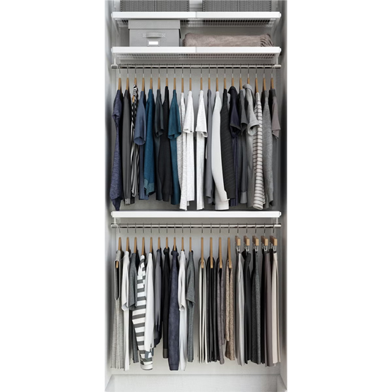 A neatly organized closet with two tiers of hanging clothes in neutral colors. The top shelf holds storage bins and boxes for additional organization.