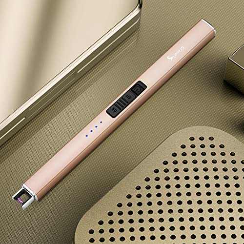 A slim, rose gold USB rechargeable lighter with an elongated design, power button, battery indicator lights, and a heating element at the tip.