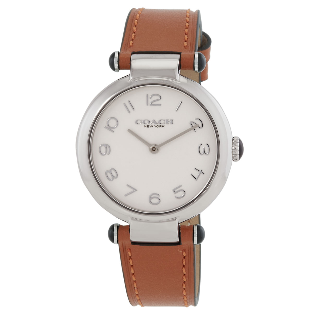 A Coach wristwatch with a silver case, white dial, and brown leather strap.