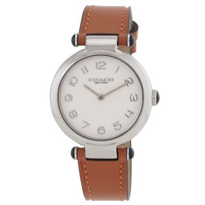 A Coach wristwatch with a silver case, white dial, and brown leather strap.