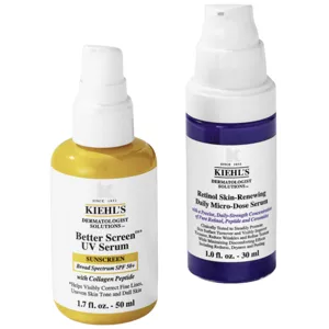 Kiehl's Better Screen UV Serum is a sunscreen with SPF 50+ and collagen peptide, 1.7 fl. oz. Kiehl's Retinol Skin-Renewing Daily Micro-Dose Serum contains retinol, peptide, and ceramides, 1.0 fl. oz.