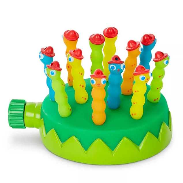 A colorful sprinkler toy with various smiling, worm-like figures topped with spinning water caps.